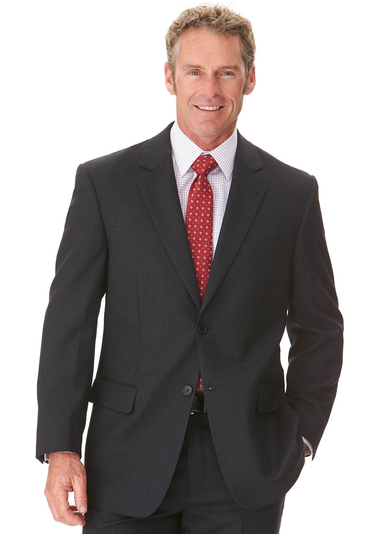 Man wearing a Fletcher Jones dark colour suit jacket with white shirt and a red tie -Mens wear Werribee